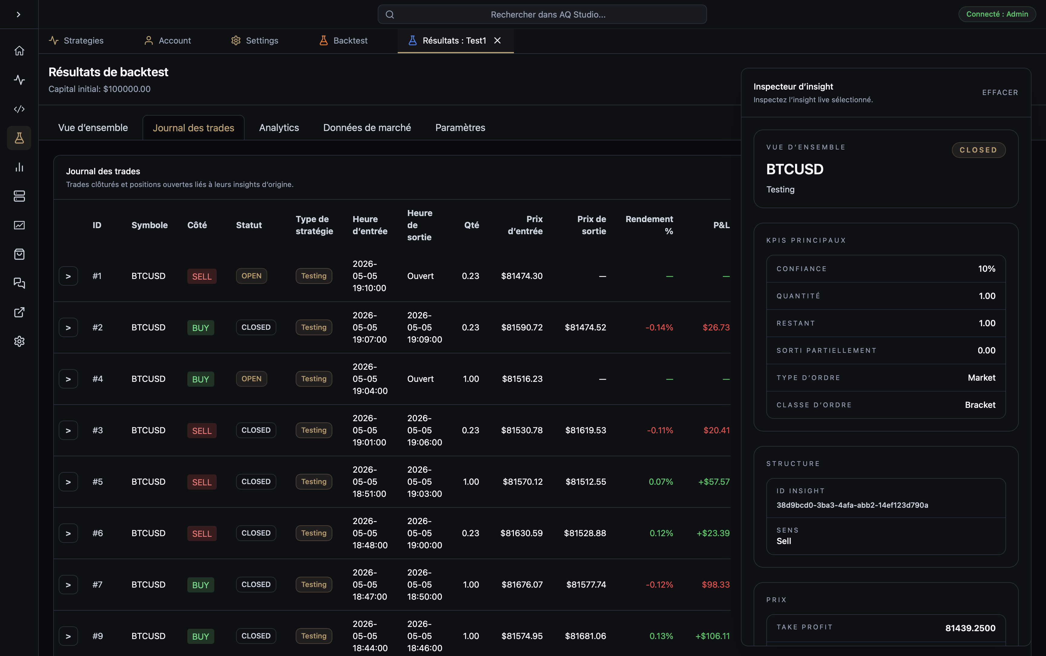 Insight Inspector AQS affichant les niveaux d’ordre, les détails d’exécution et l’historique d’état d’un insight.