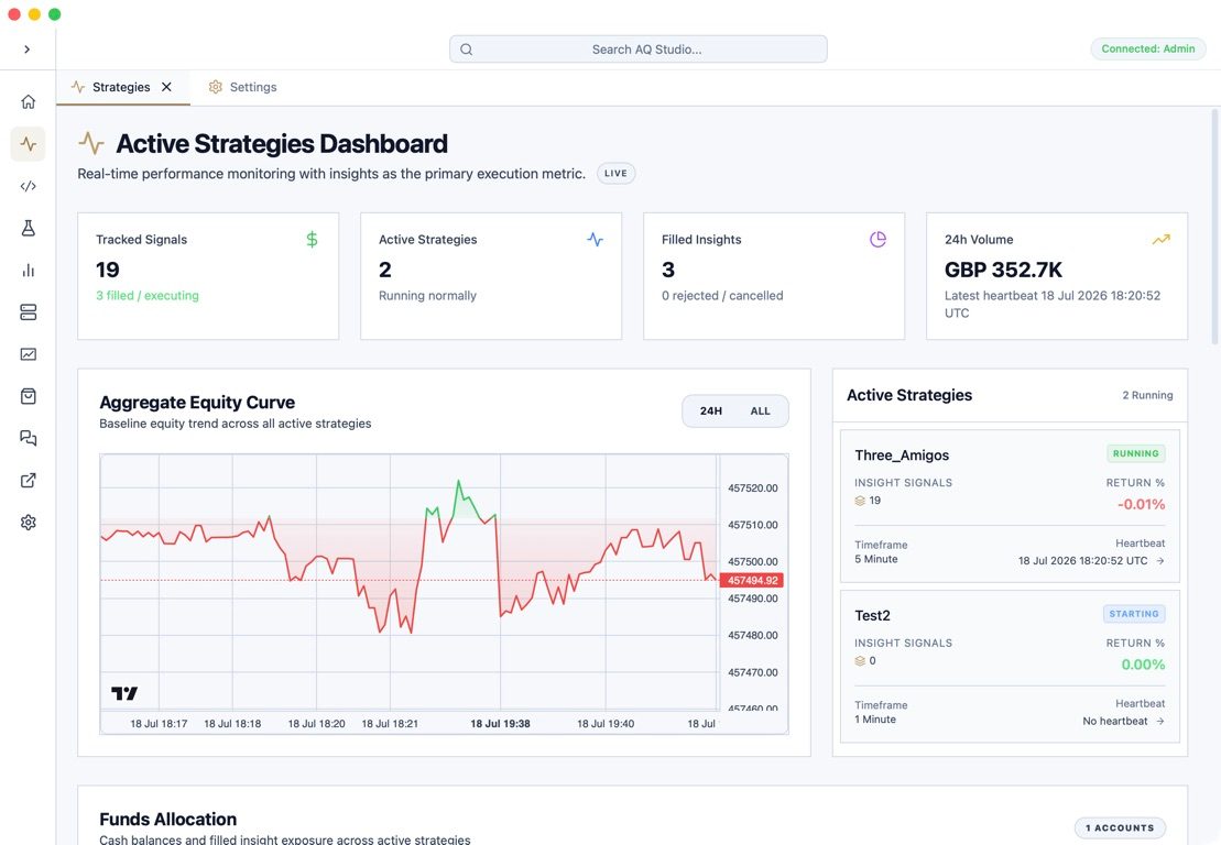 AlgoQuant Studio live strategy monitoring dashboard