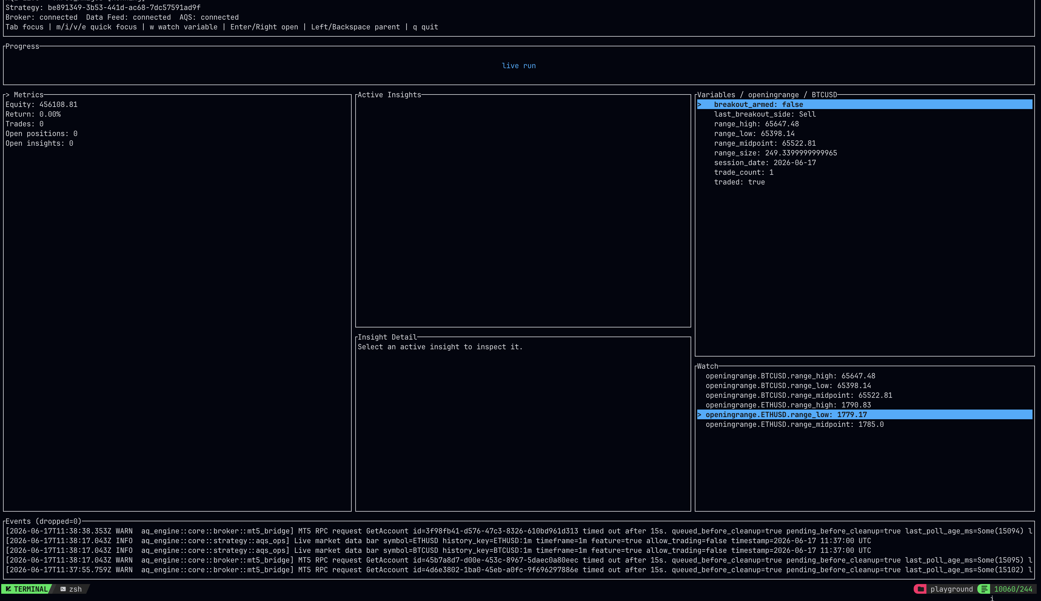 Interface terminale AQE affichant les métriques runtime, les insights actifs, les variables, les watches et les logs d’événements.