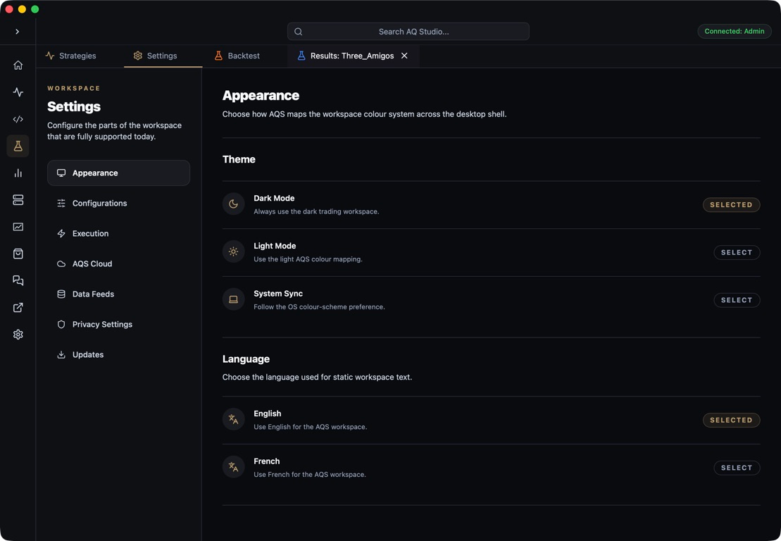 AQS Appearance settings showing theme and language controls.