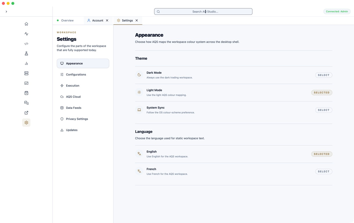 AQS Appearance settings showing theme and language controls.
