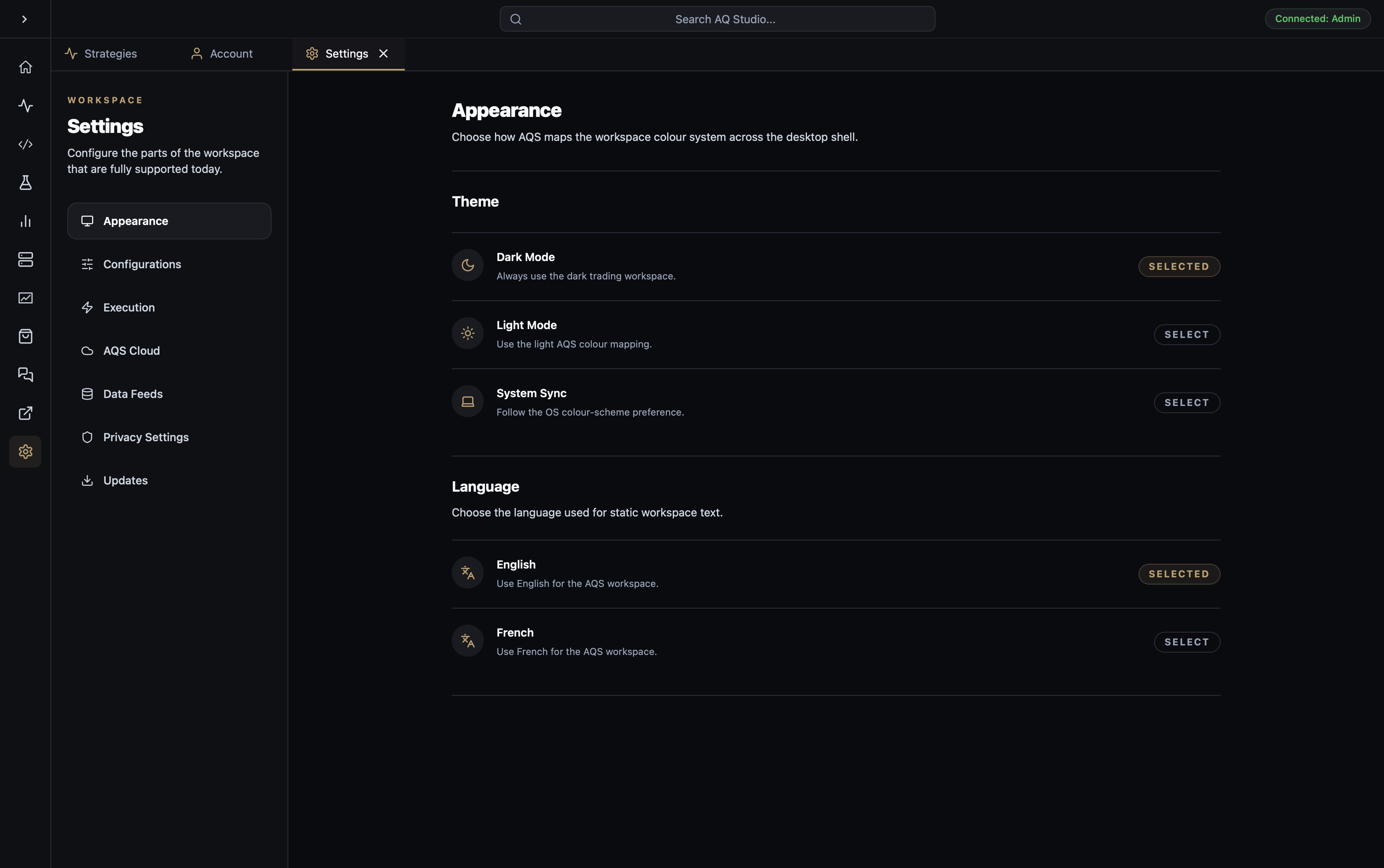 AQS Appearance settings showing theme and language controls.