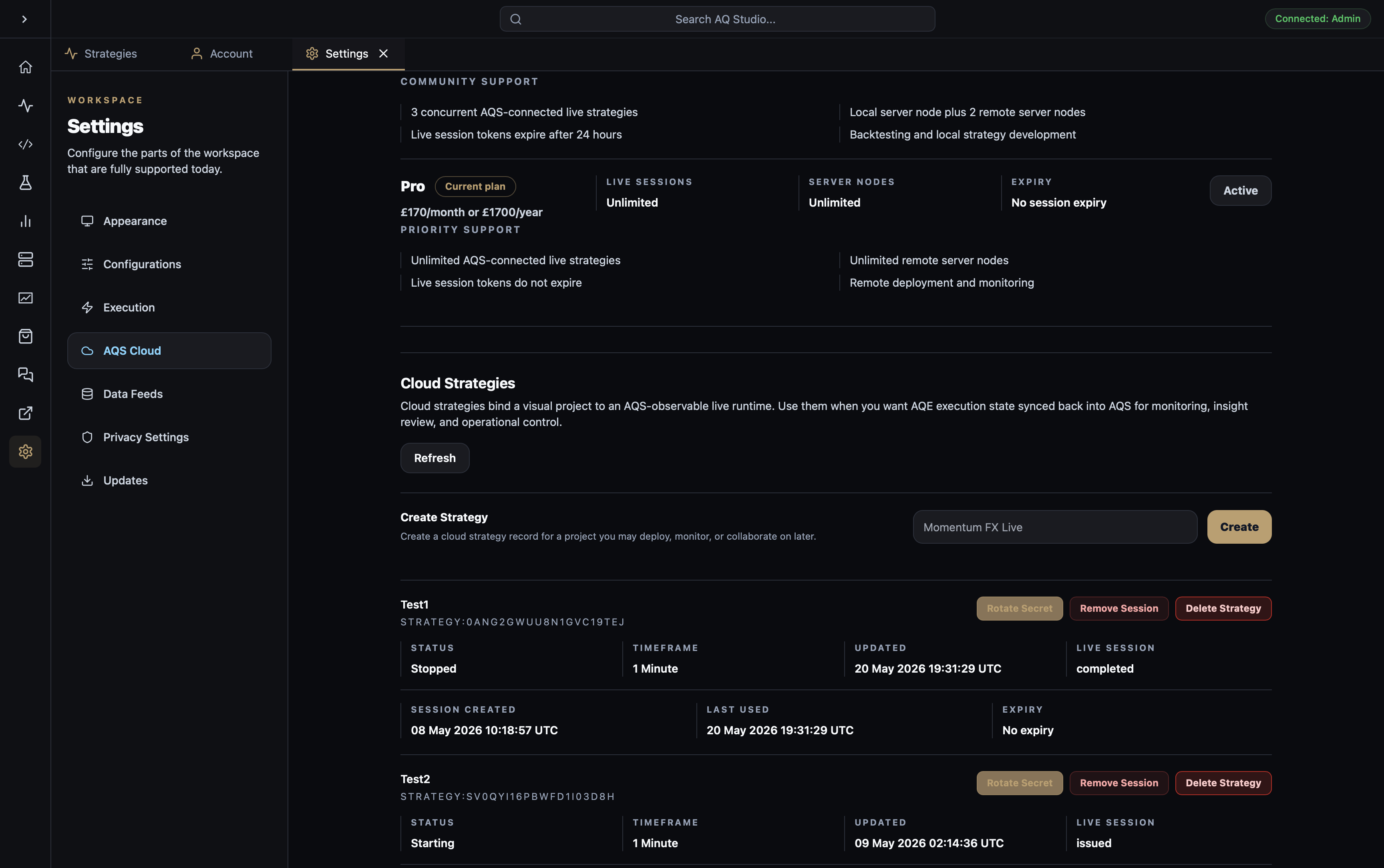 AQS Cloud settings showing cloud account and membership controls.