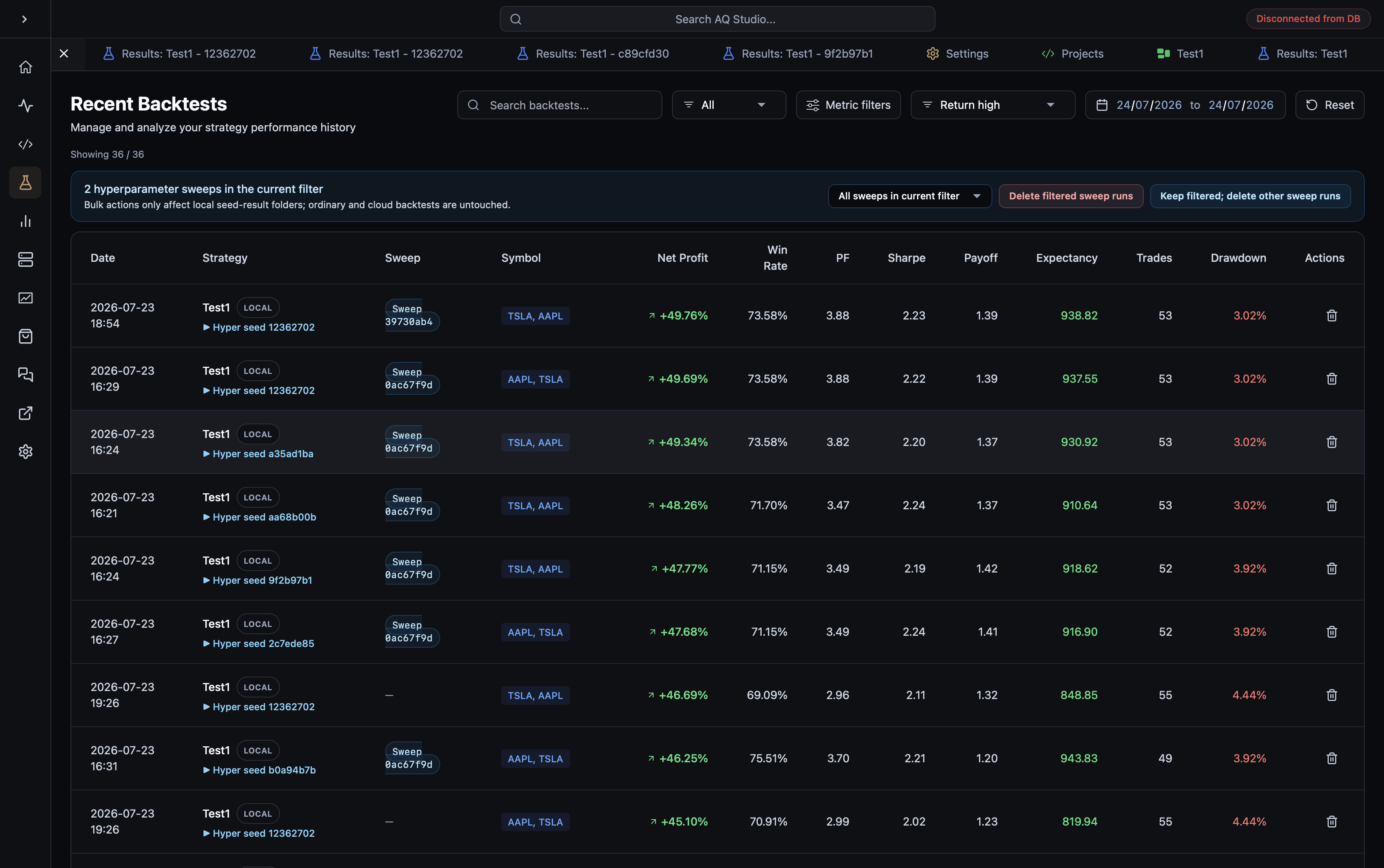 AQS backtest list showing hyperparameter sweep runs, seed IDs, and performance metrics