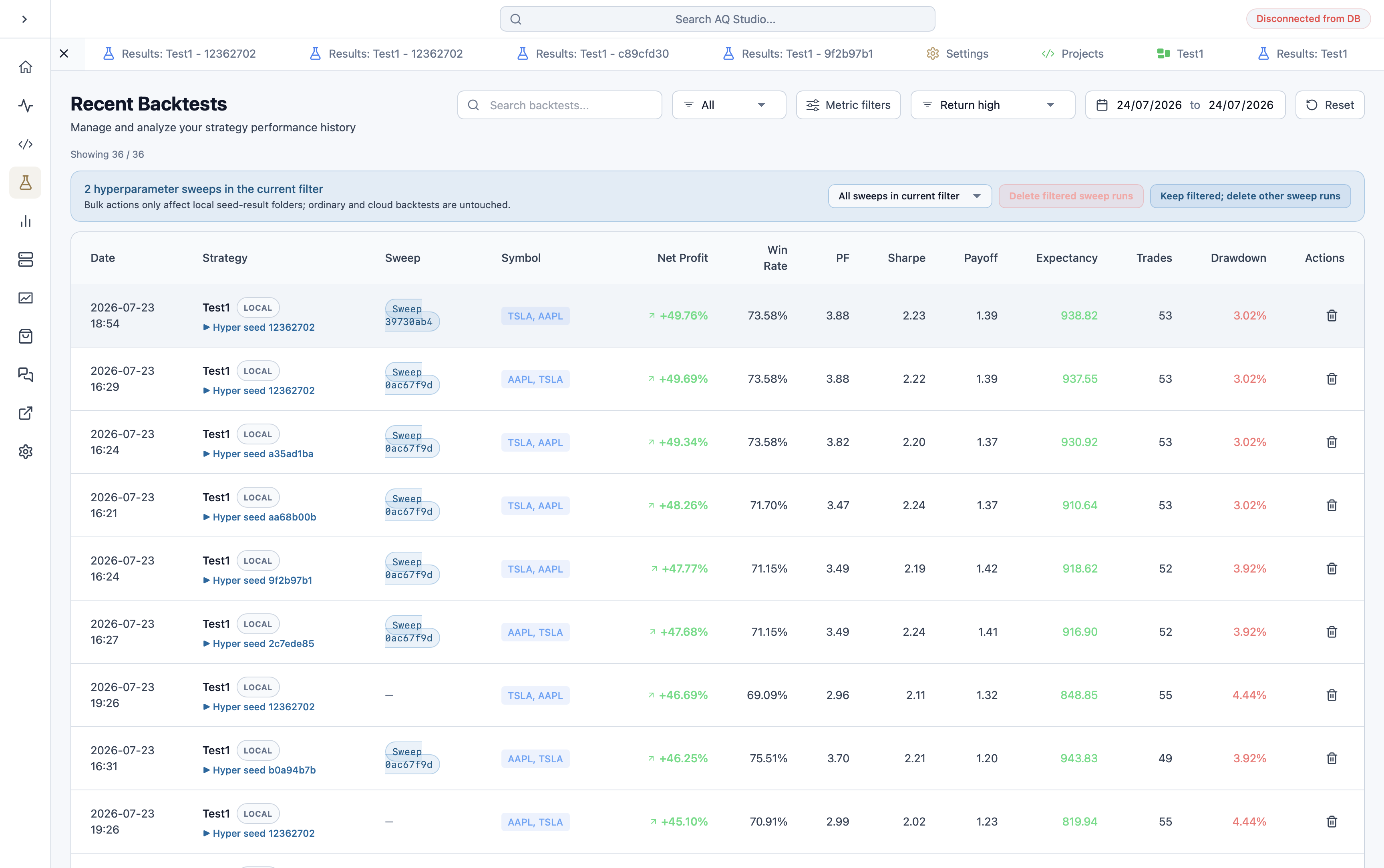 AQS backtest list showing hyperparameter sweep runs, seed IDs, and performance metrics