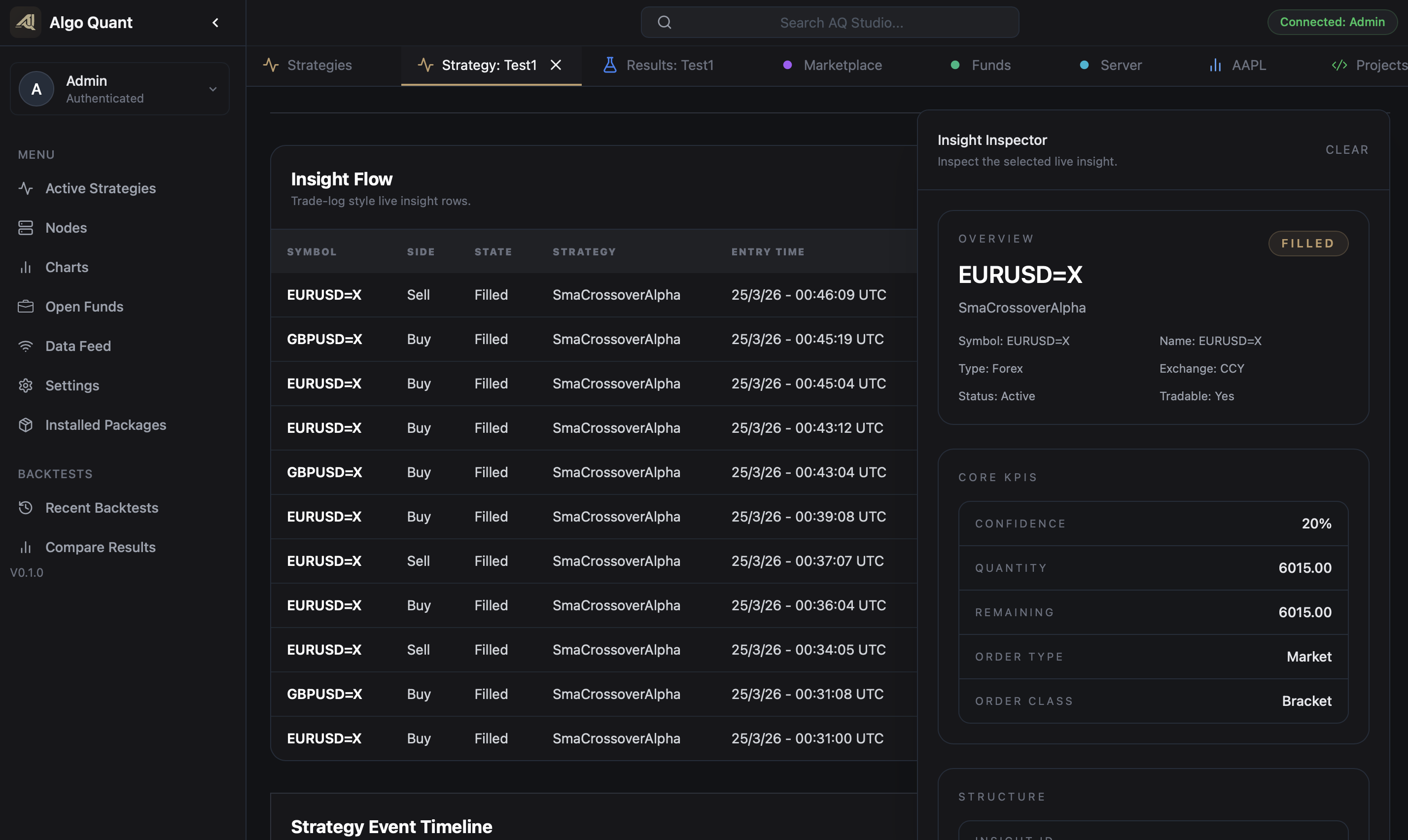 AlgoQuant Studio rendering AQE insight state